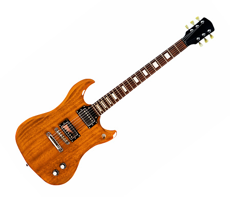 Hard-rocking electric guitar in natural mahogany wood finish, as used in rock music, heavy metal, blues, progressive rock and even jazz.