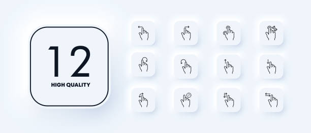 Touch control set icon. Touch screen, press, index finger, arrows, swipe, tap, clock. Gestures concept. Neomorphism style. Vector line icon for Business and Advertising Touch control set icon. Touch screen, press, index finger, arrows, swipe, tap, clock. Gestures concept. Neomorphism style. Vector line icon for Business and Advertising. photographic slide stock illustrations