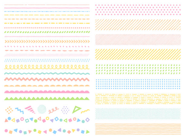 ilustraciones, imágenes clip art, dibujos animados e iconos de stock de colorido conjunto de decoración de líneas de estilo dibujado a mano - single line ornate in a row striped