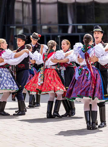 Debrecen Hungary Aug. 20 2021: Hungarian Folk Dancing on the  annual flower festival, where different dance groups are performing for the public - free public event.