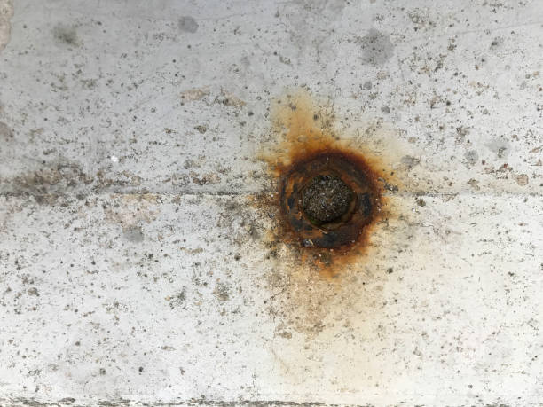 Close-up shot of rusted fastener on concrete.