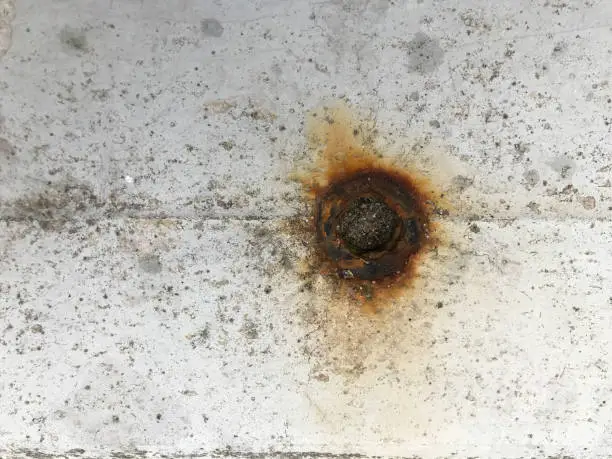 Photo of Close-up shot of rusted fastener on concrete.