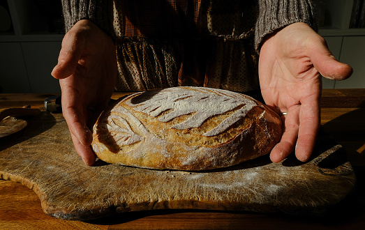 Hands presenting fresh bread and salt on a wooden table surrounded by the grace of the cozy home atmosphere.
