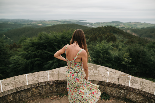 Rear view of a woman wearing a summer dress enjoying a panoramic view over a forest