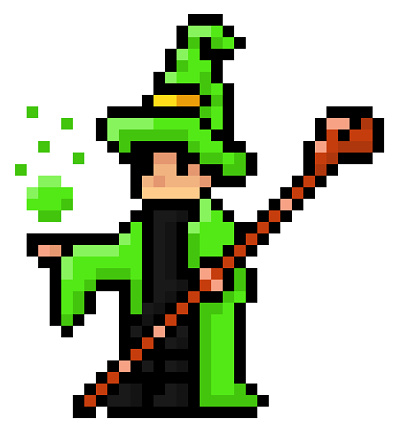 Wizard or mage in green mantle and hat with a staff. Man conjures, holding bubbles in hand. Pixel character for mobile game, 8bit abstract object. Icon for computer, phone game, videogame in 80s style