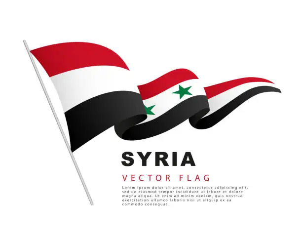 Vector illustration of The flag of Syria hangs on a flagpole and flutters in the wind. Vector illustration isolated on white background.