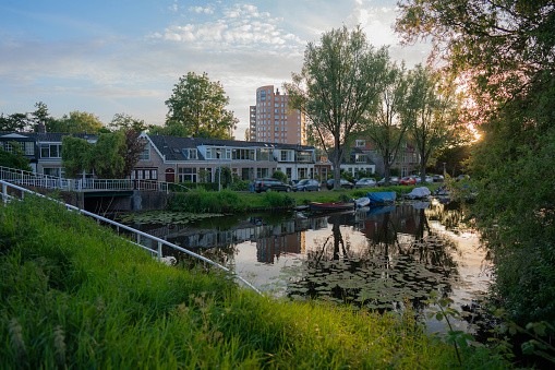 Scenic view of canal in the Netherlands in spring  at sunset