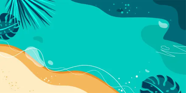 Vector illustration of Summer vector background. Wave water, sea, beach, sand with palm and monstera leaves in modern simple flat style. Top view. Summer seascape from air. Copy space at the centre