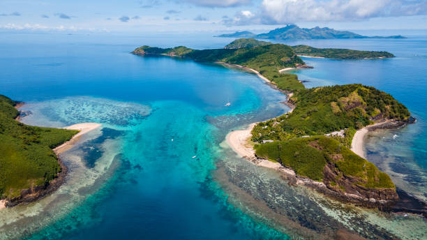 Mantra Ray Island Resort, Nanuya Balavu Island, Northern Yasawa Islands, Fiji Stunning Island Landscape, Drone view fiji stock pictures, royalty-free photos & images