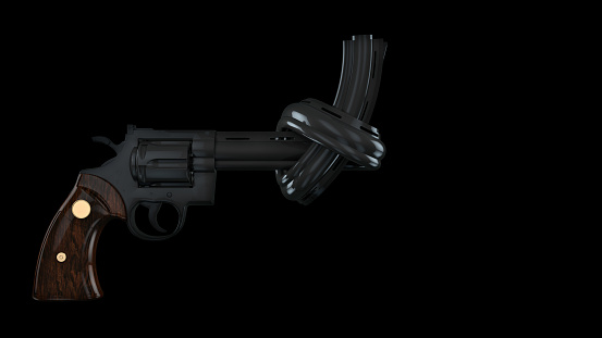 3D Illustration of an Colt Python .357 Magnum 38 Special Revolver Handgun Firearm Weapon with a Knot in its Barrel Isolated on Black Background with Clipping Path. Gun Control Concept.