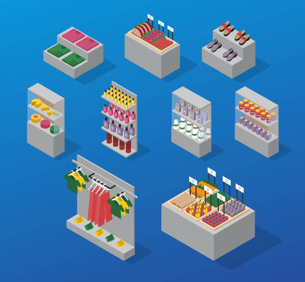 Store Shelves and Stands Isometric Store shelves and stands. Isometric vector illustration. buying liquor stock illustrations