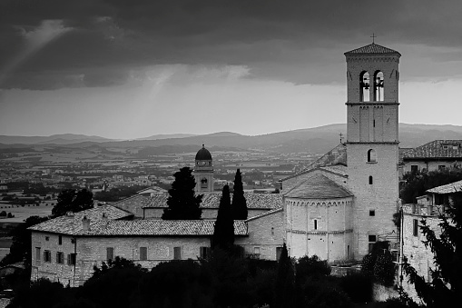 black and white photograph of medieval villages and historic towns of Italy