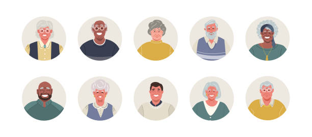 Round avatars set of diverse smiling elderly people.Vector flat illustration. Round avatars set with different elderly people isolated on white background.Diverse portraits of smiling senior women and men,various races,skin color.Vector flat illustration. old man smiling stock illustrations