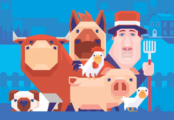 farmer with domestic animals vector illustration of farmer with domestic animals bull head man stock illustrations