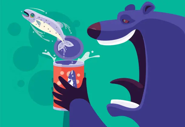 Vector illustration of bear holding can with jumping fish
