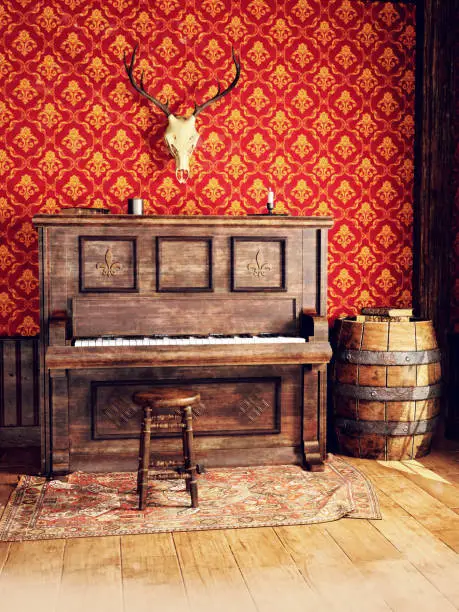 Piano with a stool, and a deer skull and barrel in a Wild West saloon. 3D render.