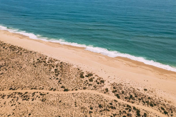 istock Empty sandy beach near wavy sea 1400407524