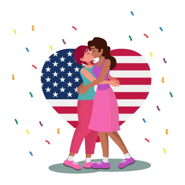 Vector illustration of LGBT family on the background of the USA flag, two women white background - Vector