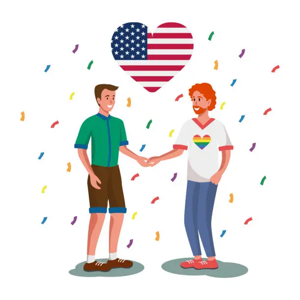 Vector illustration of LGBT family on the background of the USA flag, two men holding hands white background - Vector