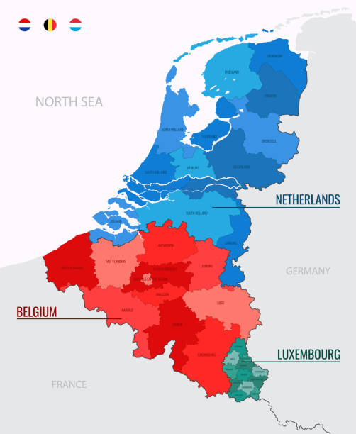 ilustraciones, imágenes clip art, dibujos animados e iconos de stock de mapa de países del benelux en el mapa de europa, ilustración vectorial en color aislada sobre fondo blanco con banderas e iconos - luxembourg map cartography flag