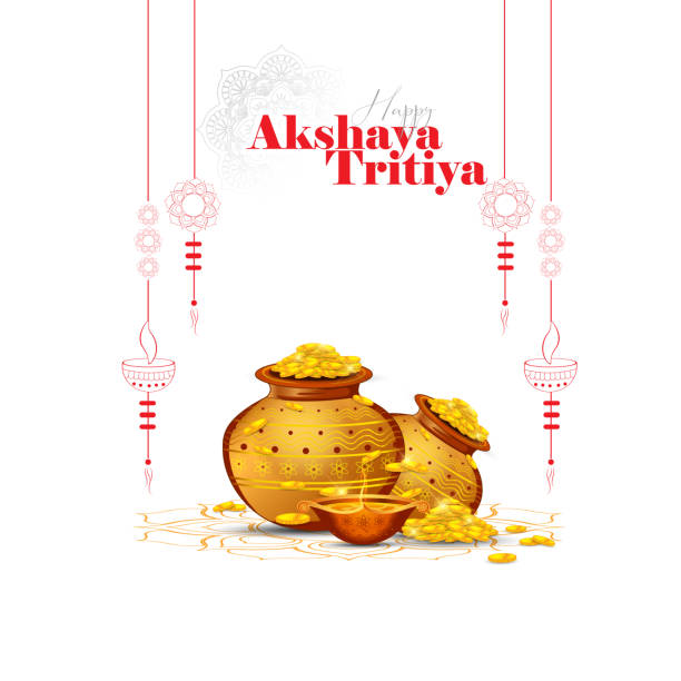 Akshaya Tritiya Vector illustration of Akshaya Tritiya celebration with a golden kalash, gold coins on decorated background. goddess lakshmi images stock illustrations