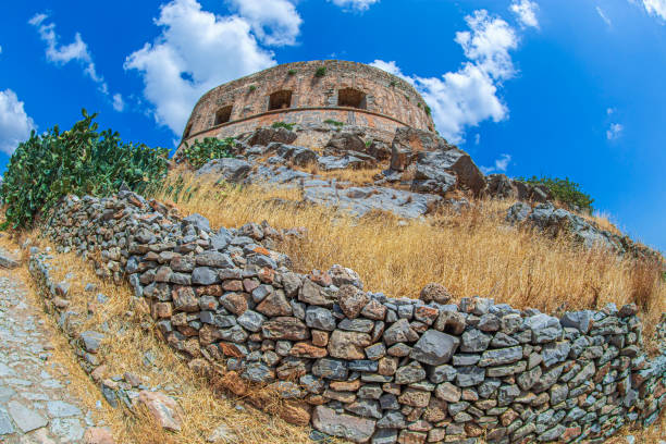 View of Spinalonga fortress. The island is in the Gulf of Elounda, Crete, Greece, in Lasithi, next to the town of Plaka.Fortified by the Venetians in 1579.Was used as a leper colony.