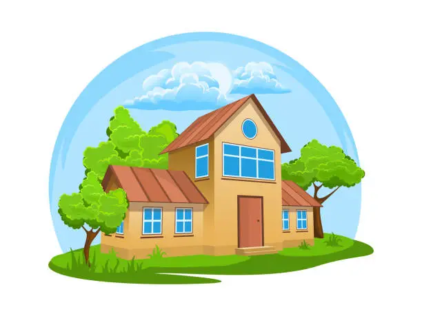 Vector illustration of Summer landscape. House surrounded by trees