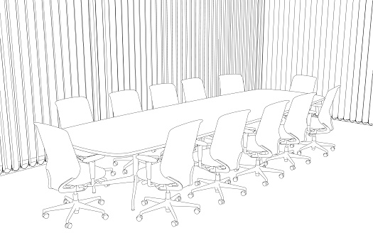 The contour of the meeting room with a large oval table and chairs near it from black lines isolated on a white background. Vector illustration.