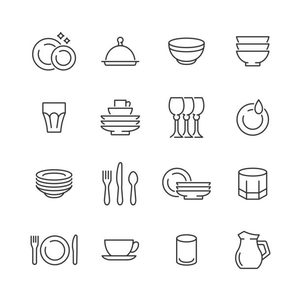 ilustraciones, imágenes clip art, dibujos animados e iconos de stock de conjunto de iconos de línea de plato. colección vectorial de utensilios domésticos con plato, tazón, taza, vaso, copa de vino, tenedor, cuchara, cuchillo. - vajilla