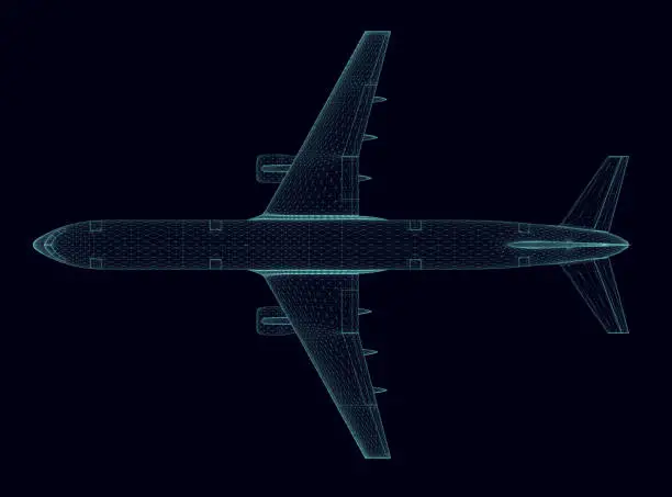 Vector illustration of Passenger aircraft wireframe from blue lines isolated on a dark background. View from above. 3D. Vector illustration.