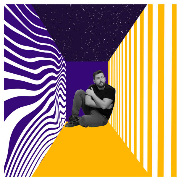 istock Contemporary art collage. Young man sitting in cube with blue and yellow hypnotic, optical illusion walls and dreaming. Concept of inner world, psychology 1400413773