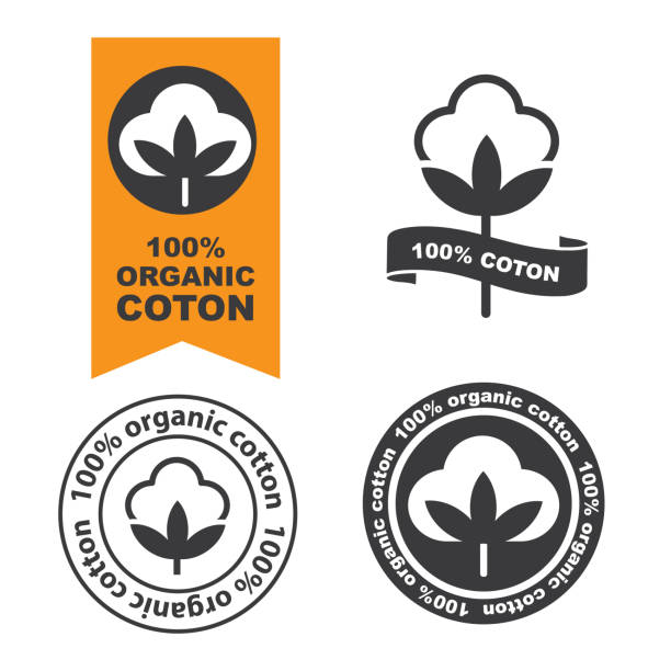 ilustrações, clipart, desenhos animados e ícones de 100% algodão, certificados. conjunto de rótulos - transgenic cotton