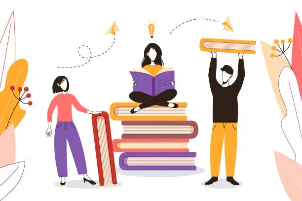 Vector illustration of Group of people are reading books.