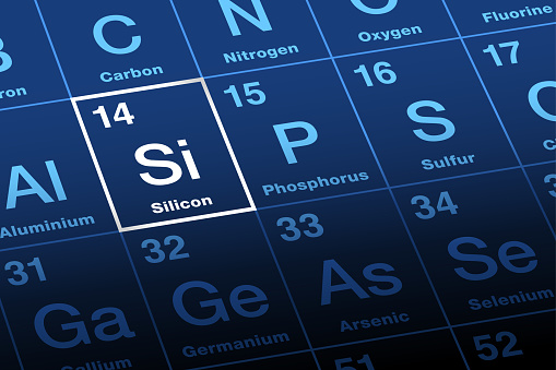 Silicon on periodic table of the elements. Chemical element and semiconductor with symbol Si and atomic number 14. Considered as essential element in the body, for the elastin and collagen synthesis.
