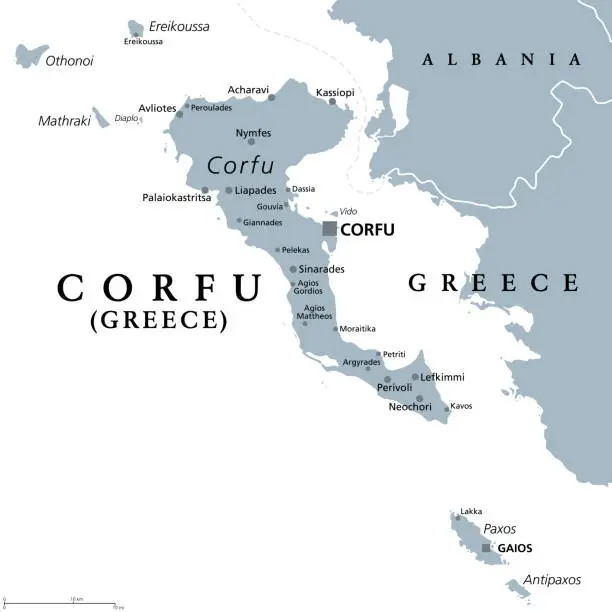 Vector illustration of Corfu, island of Greece, part of Ionian Islands, gray political map