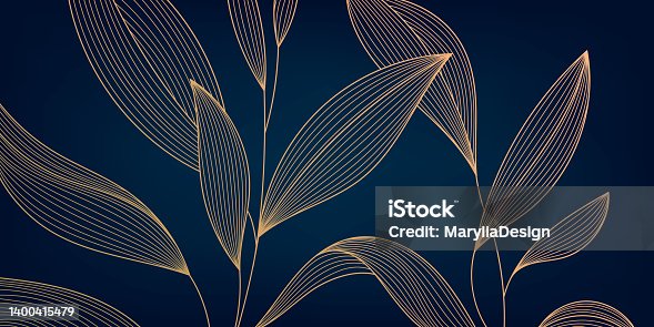 istock Vector golden leaves botanical modern, art deco wallpaper background. Line design for interior design, textile patterns, textures, posters, package, wrappers, gifts etc. Luxury. Japanese style. 1400415479