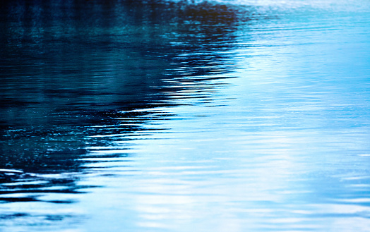 Water surface in shades of blue, with partly cloudy sky reflected in it.