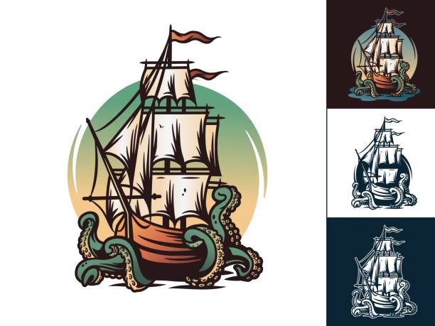 illustrations, cliparts, dessins animés et icônes de bateau ou chaloupe avec poulpe. navire nautique - outdoors kraken flowing flowing water