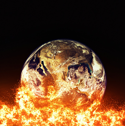Satellite view of Earth being consumed by a fiery inferno.\n\nPublic-domain source image: https://www.nasa.gov/multimedia/imagegallery/image_feature_2159.html