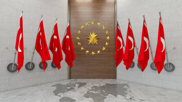 President of Turkey Concept with Turkish Presidential Emblem and Flags stock photo