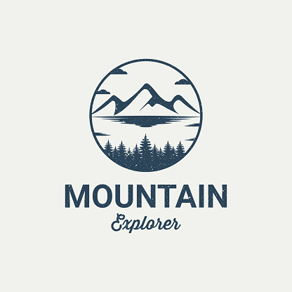 Mountain logo outdoor emblem circle - adventure wildlife pine tree forest design, hiking exploration nature, camping basecamp campfire alpine himalaya.