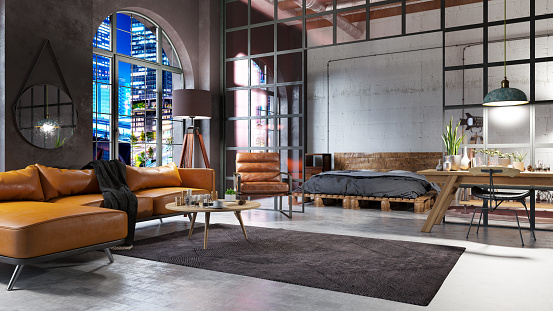 Industrial Style Loft Living Room at Night. 3D Render