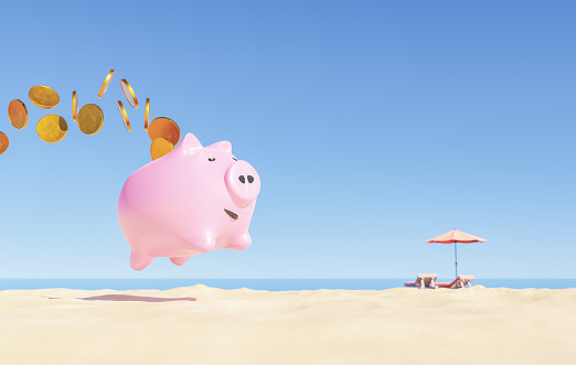 3D rendering of pink piggy bank with golden coins jumping over sandy beach near sunbed and umbrella placed at seafront against cloudless blue sky