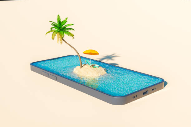 istock Creative 3D design of smartphone with tropical island on screen 1400417960