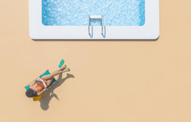 3D render of black lady reading book on lounger near pool stock photo