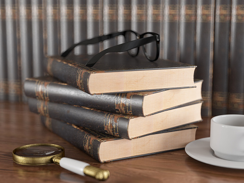 History Research in Library Concept Old Book Magnifier. 3D Render