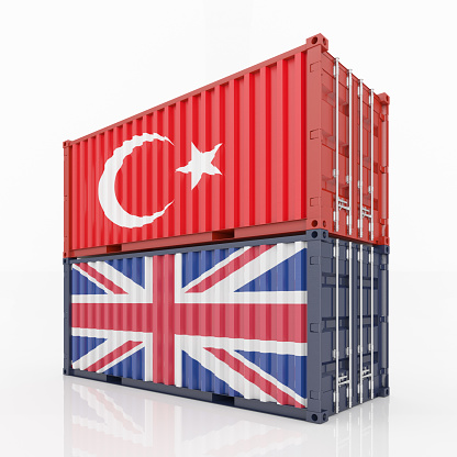 Turkey and UK Import Export Concept with Turkish and British Flag Shipping Containers. 3D Render