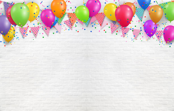 palloncini colorati per feste e bandiere appese - anniversary birthday gift party foto e immagini stock