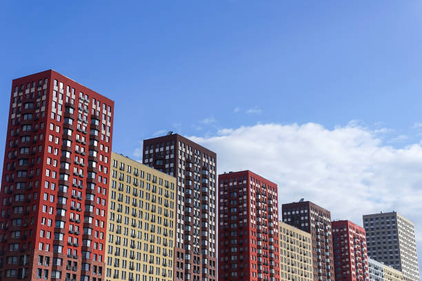 range of modern colorful residential buildings, real estate business - real estate imagens e fotografias de stock