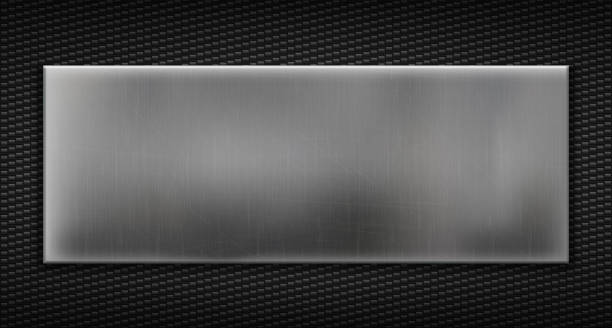 Metal plate on a carbon fiber background texture. Metal plate on a carbon fiber background texture. vector template. aluminum sign mockup stock illustrations